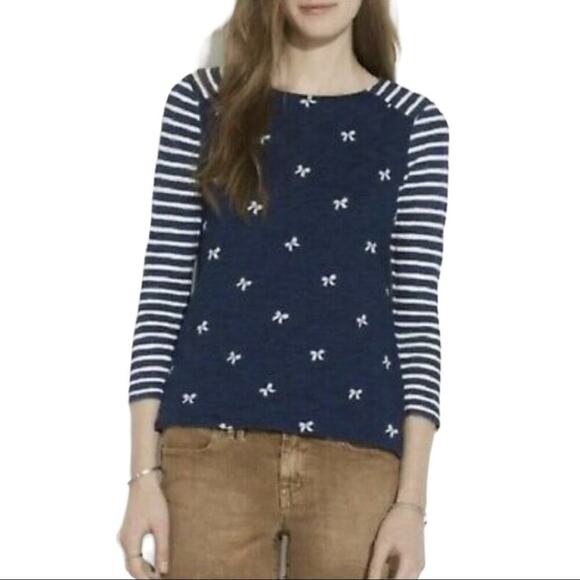 Madewell Top Women's Size Large Bow Blue 3/4 Sleeve Exposed Back Zipper Twee - Picture 1 of 7